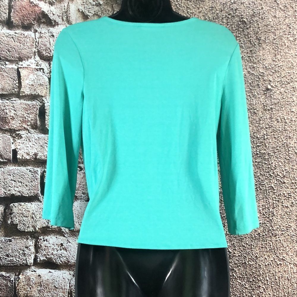 JM Collection Petite Blouse aqua Green Tie Front with Three Quarter Sleeves - Picture 5 of 7